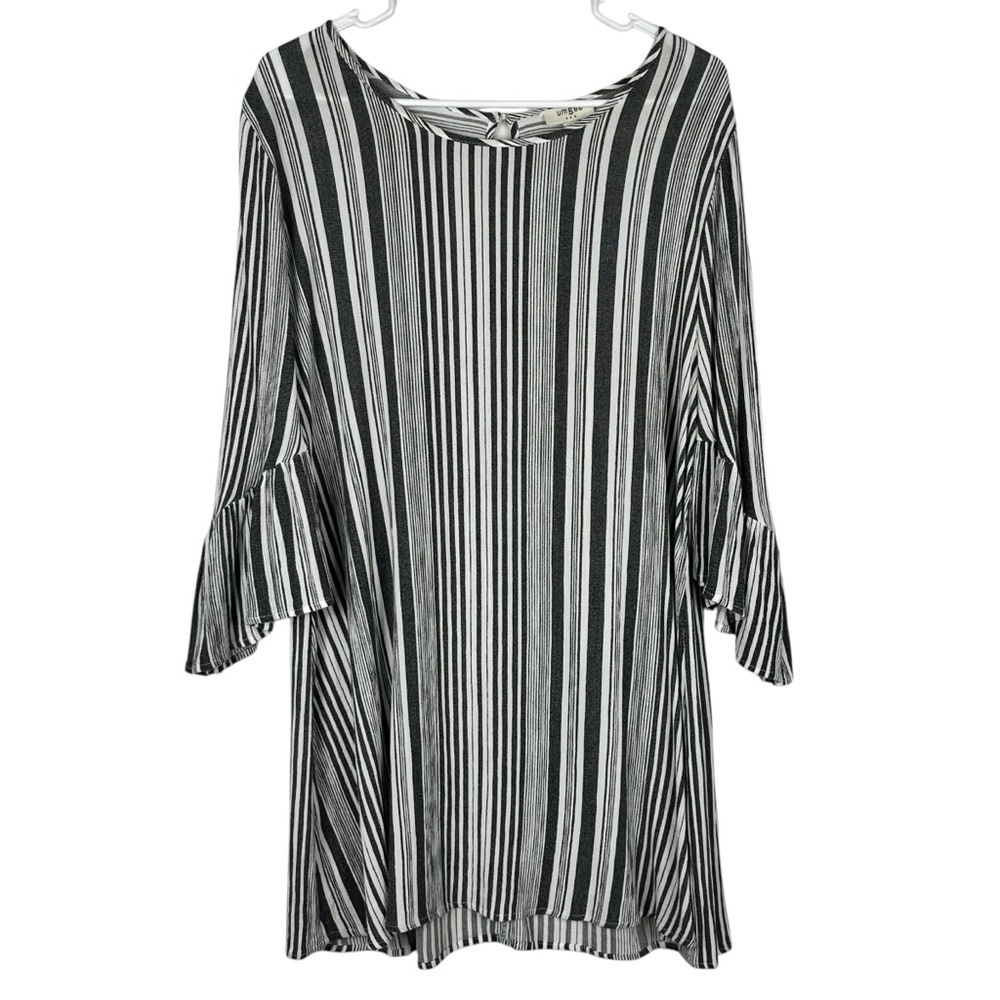 Umgee Black & White Striped Mini Dress with Bell Sleeves Size Large